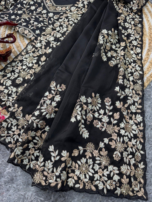 Party Wear Rangoli Silk Black Color Saree
