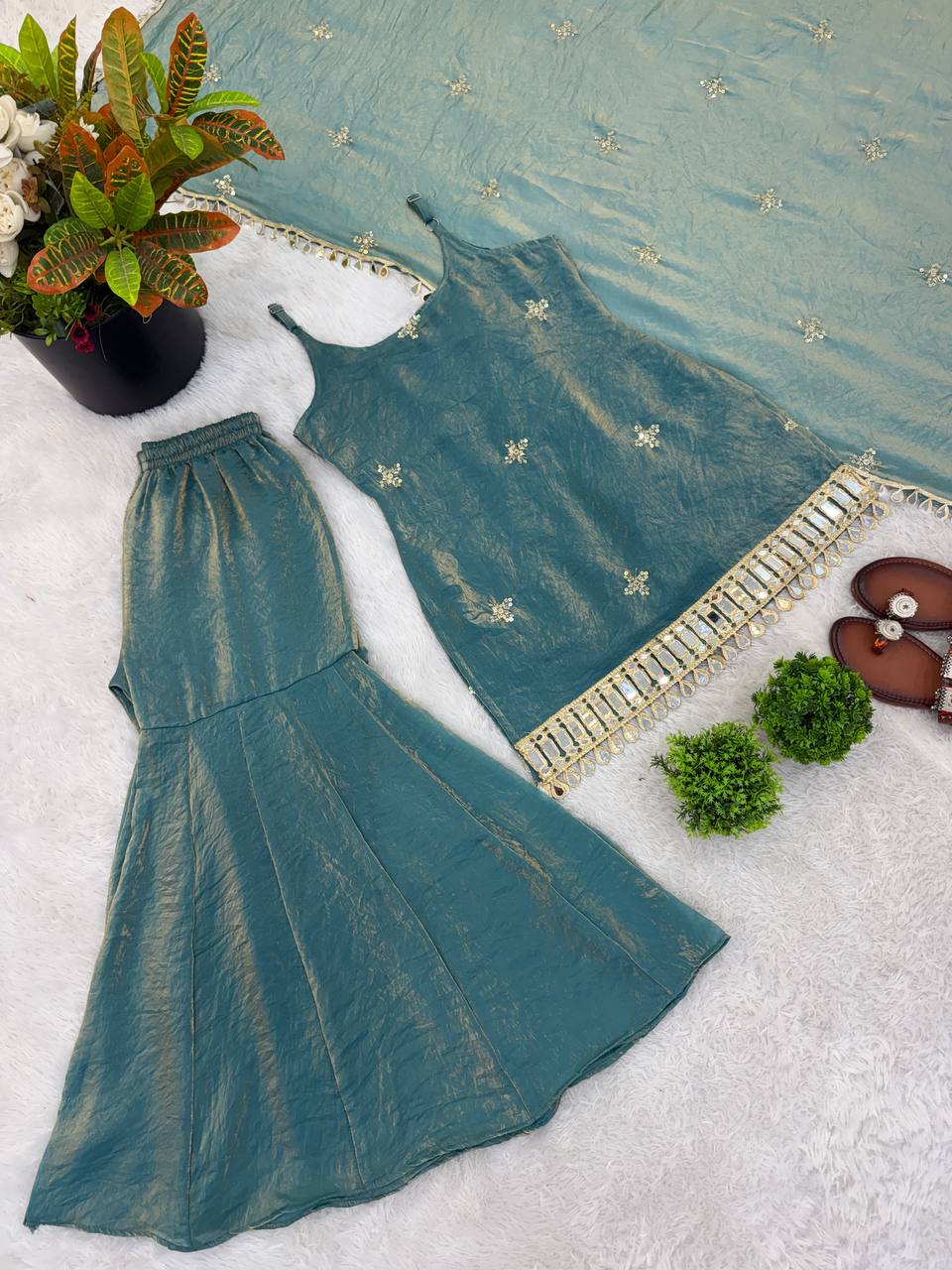 Wedding Wear Sky Blue Color Fendy Silk Mirror Work Sharara Set