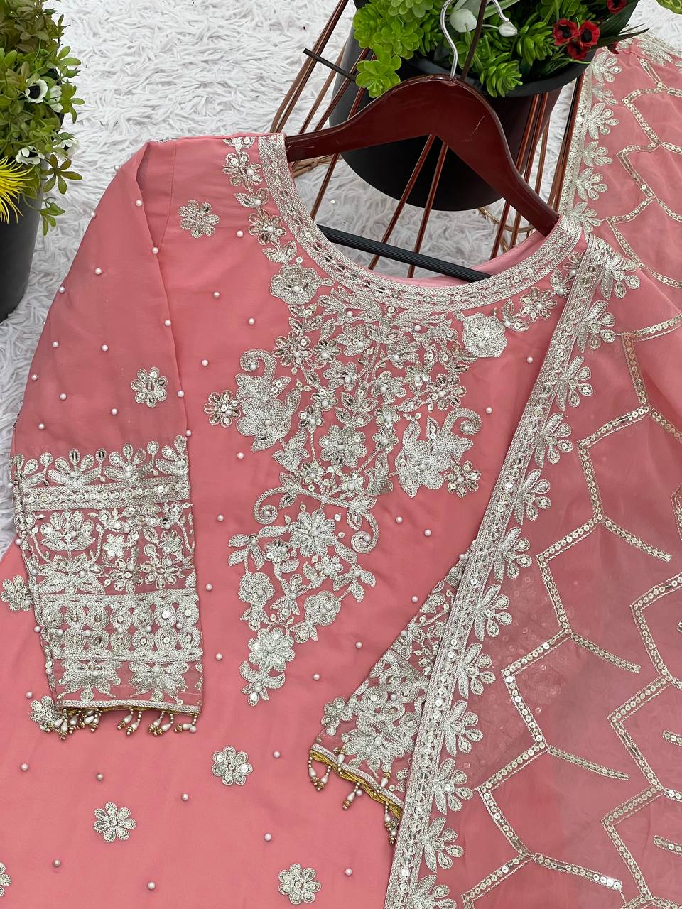 Alluring Peach Color Heavy Faux Georgette With Embroidery Sequence Work Sharara Suit