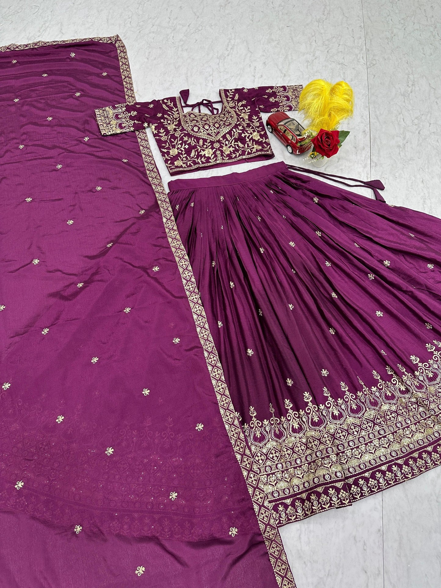 Bridal Wear Purple Color Chinon Heavy Embroidered Lehenga Set