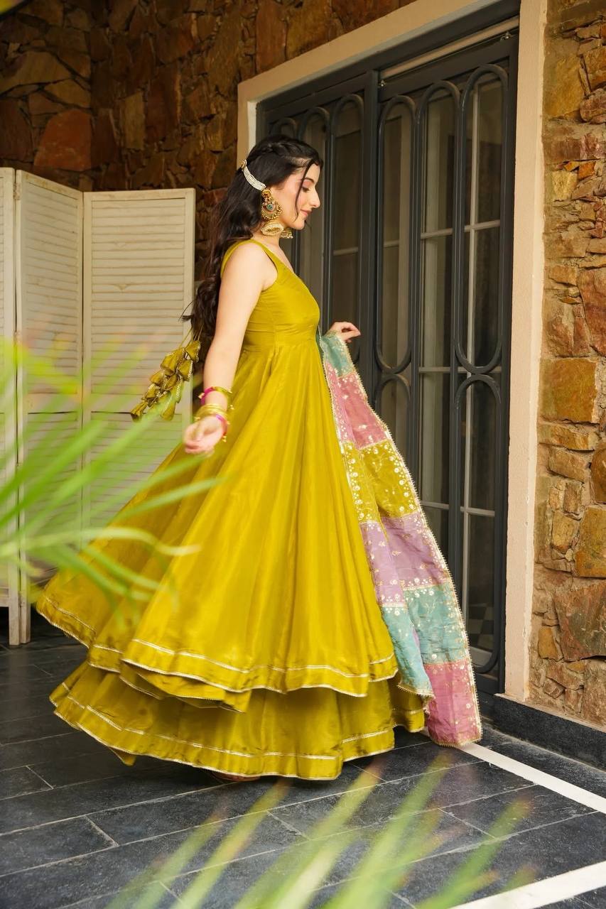 Elegant Mustard Color Chinon Silk Anarkali Set