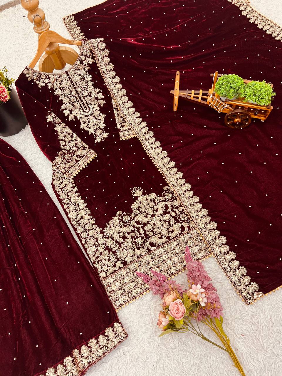 Party Wear Maroon Color Velvet Embroidered Pakistani Suit Set