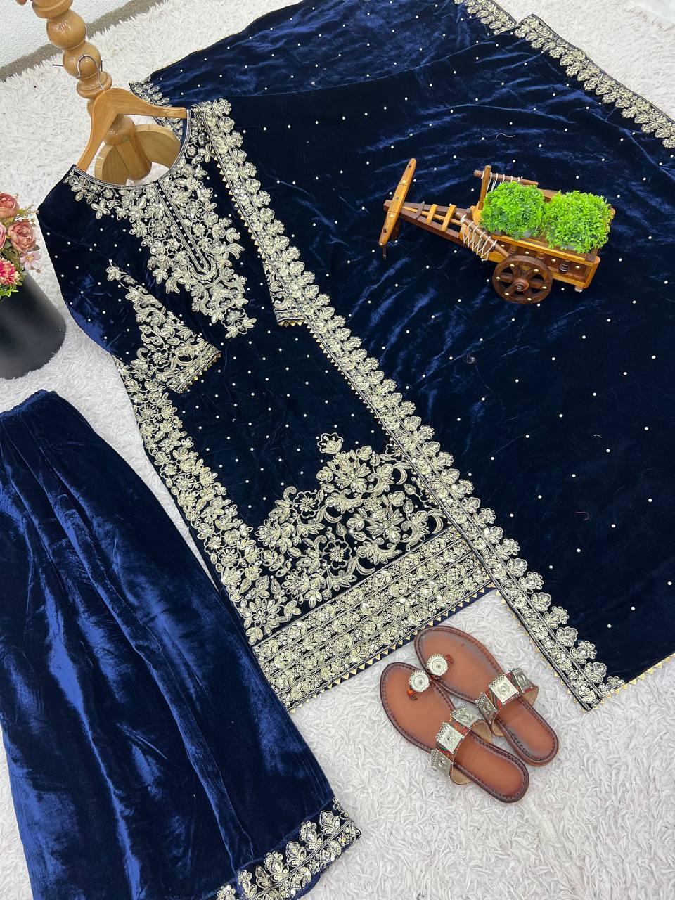 Ceremony Wear Blue Color Velvet Embroidered Pakistani Suit Set