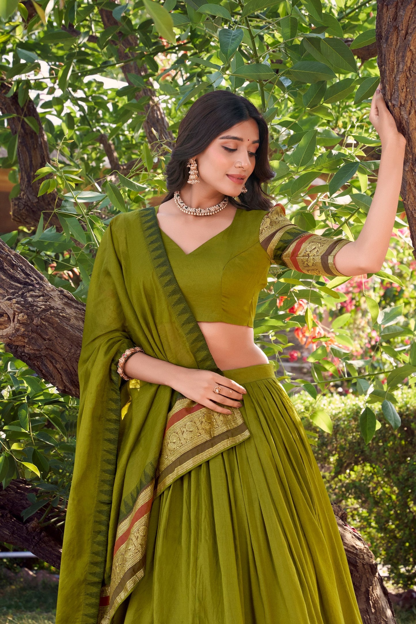 Latest Green Color Pure Chanderi Plain With Zari Weaving Work Border Lehenga Choli