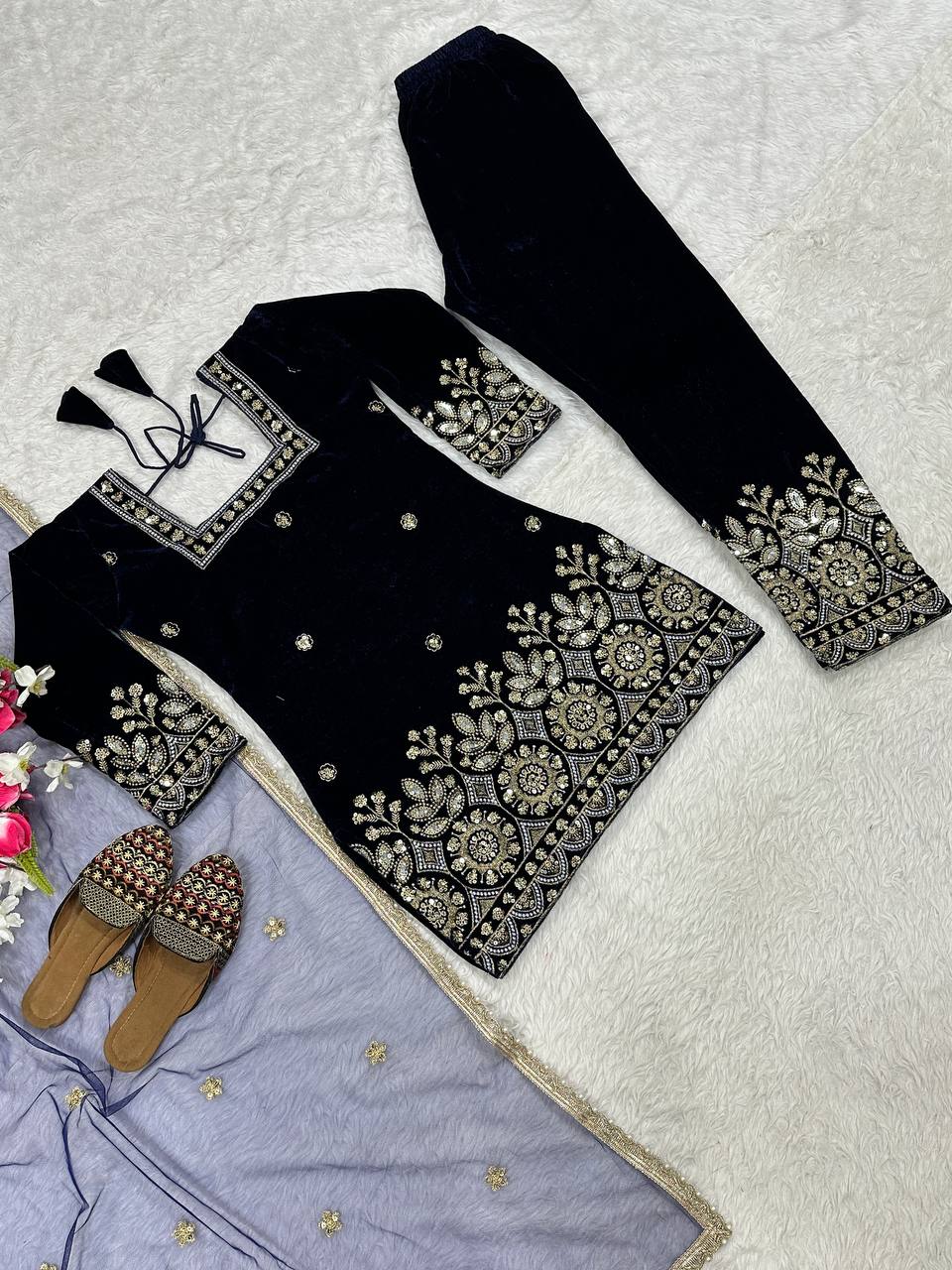 Party Wear Navy Blue Color Designer Heavy Velvet Suit Set
