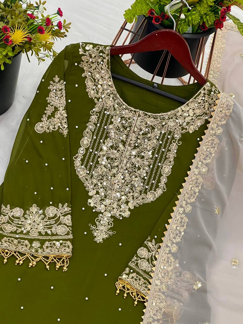 Traditional Wear Green Color Heavy Faux Georgette With Heavy Embroidery Work Palazzo Suit