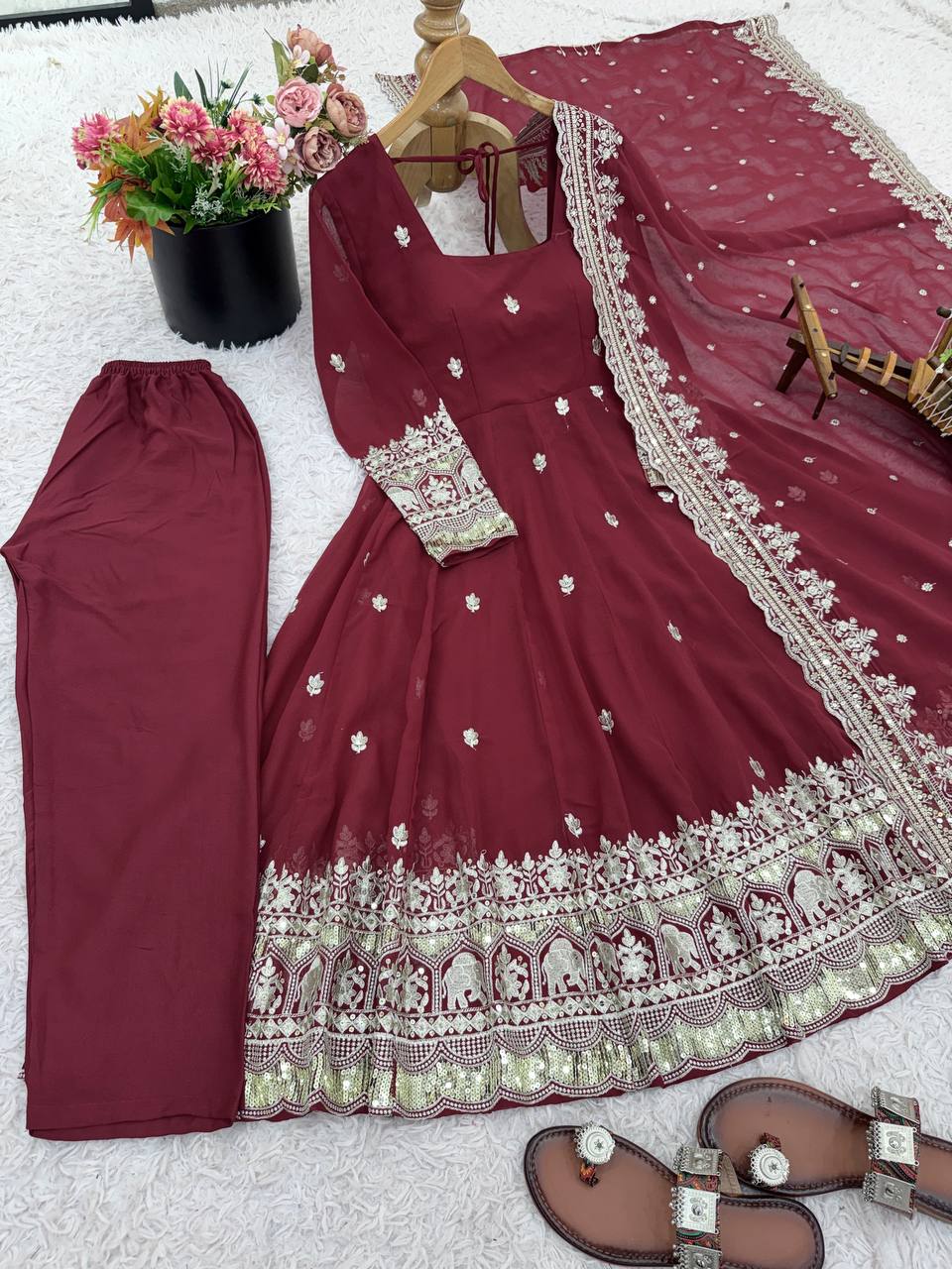 Maroon Color Georgette Fully Flared Ready to Wear Gown