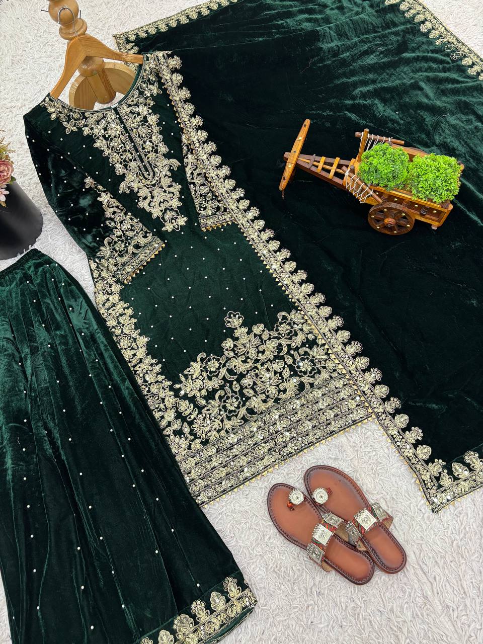 Function Wear Green Color Velvet Embroidered Pakistani Suit Set