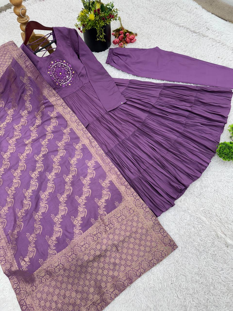 Occasion Wear Purple Color Heavy Embroidery Sequence Work Gown With Dupatta