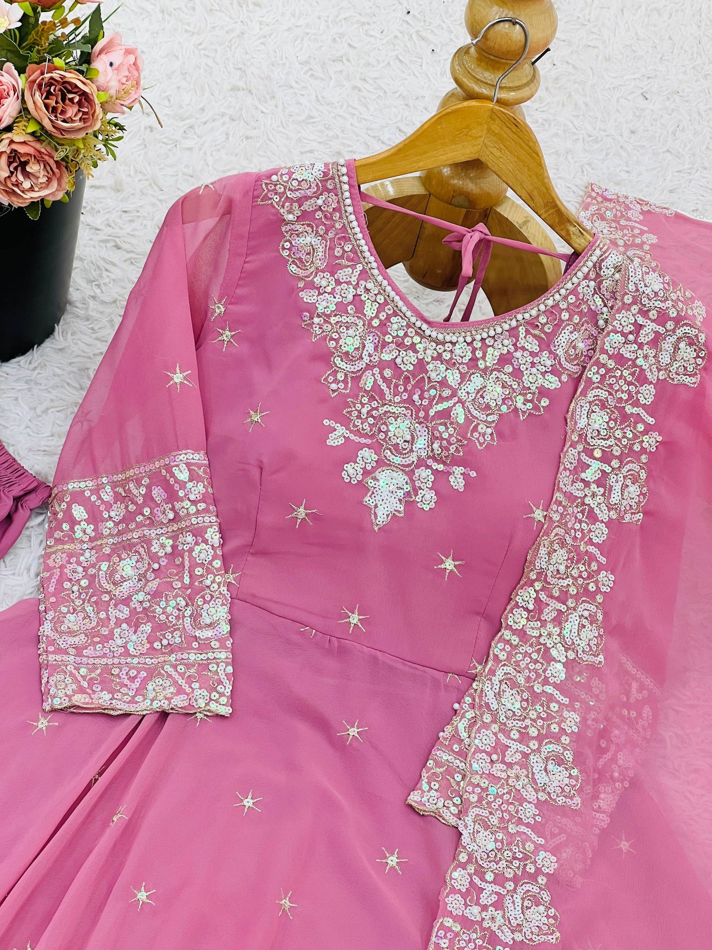 Baby Pink Color Embroidered Anarkali Three-Piece Gown Set