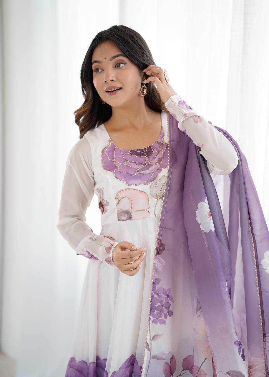 Lavender Color Floral Organza Designer Anarkali Suit Set