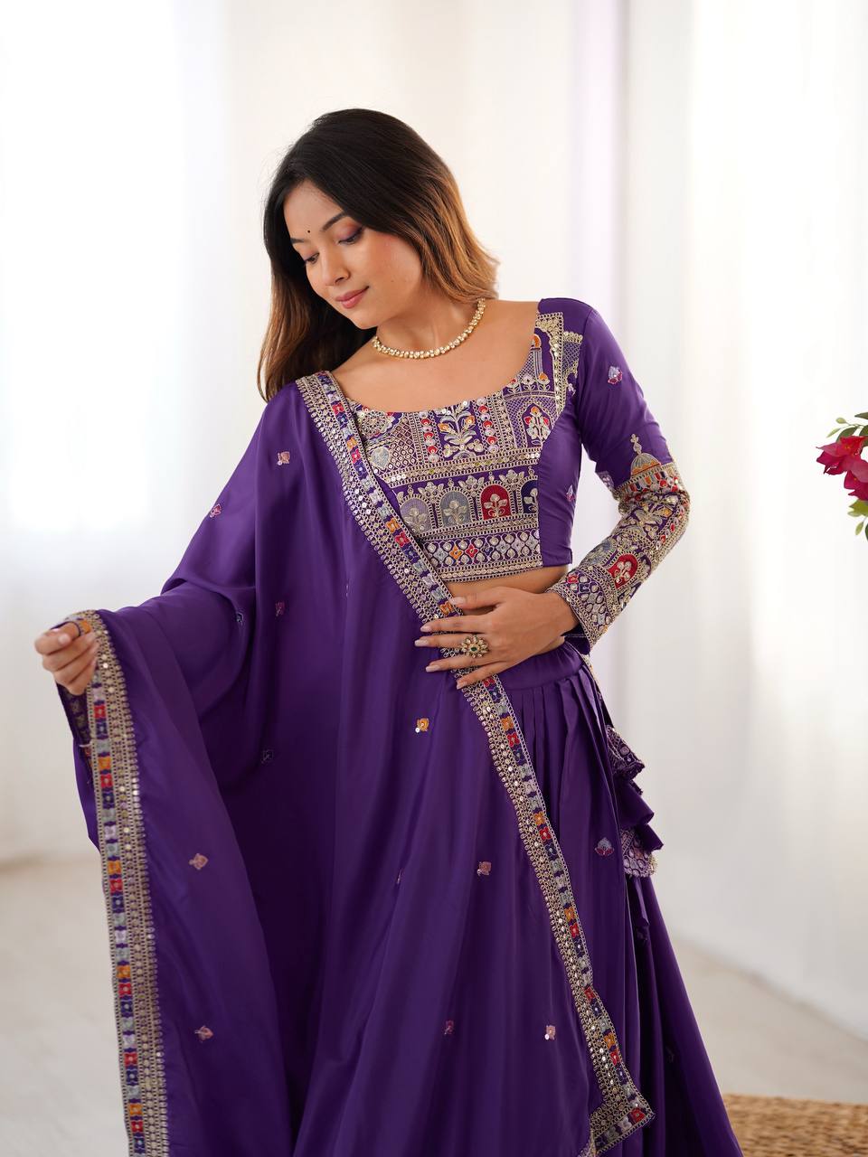 Wedding Wear Purple Color Natural Crepe Silk Thread With Sequence Work Lehenga Choli
