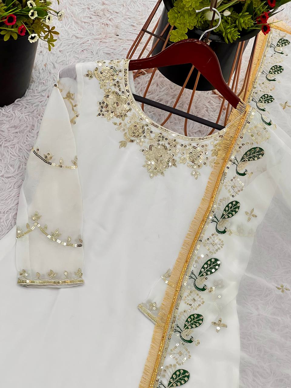 Party Wear Off White Color Faux Georgette With Embroidery Sequence Work Sharara Suit