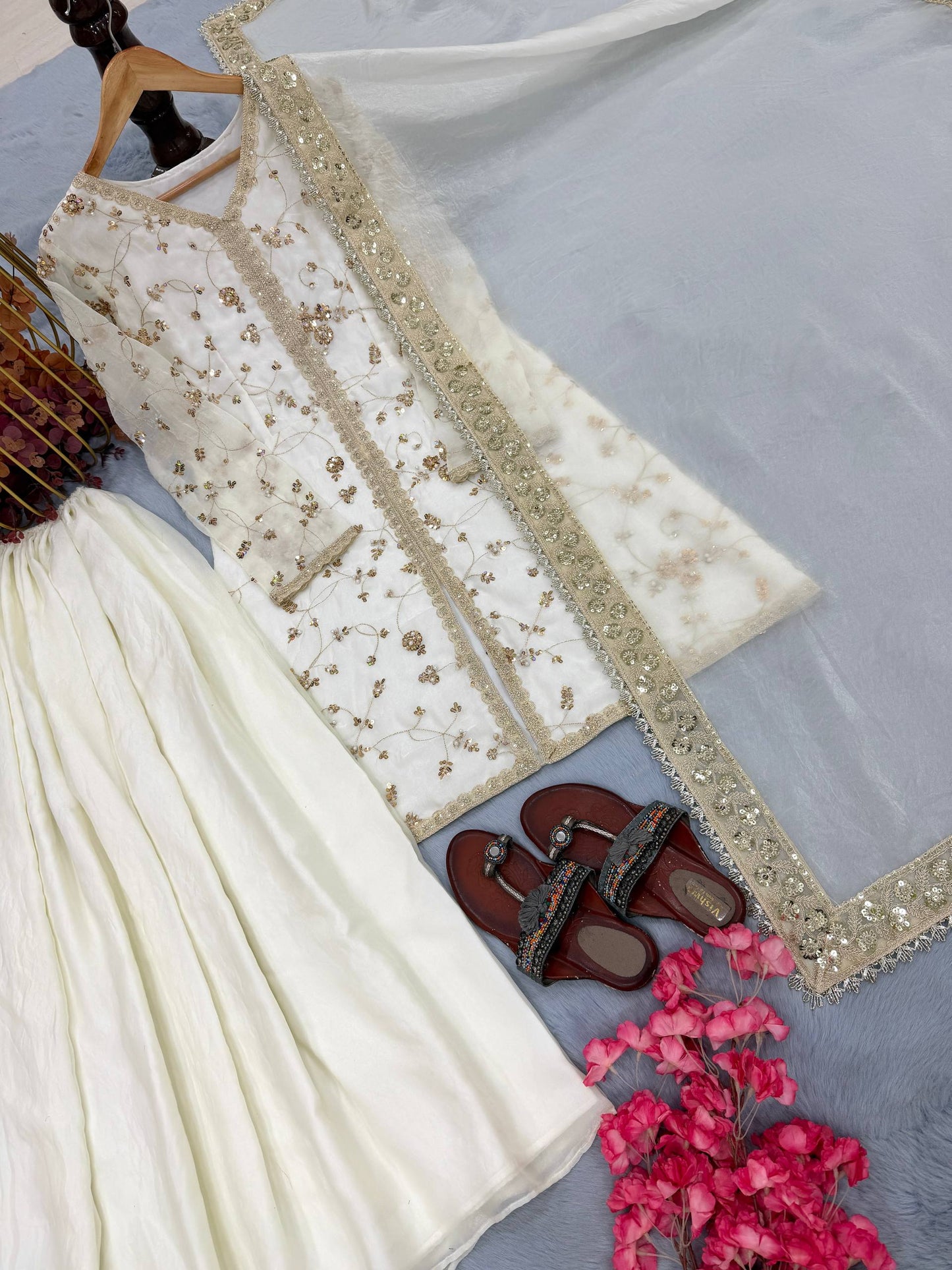 White Color Fendi Silk Embroidered Palazzo Suit Set