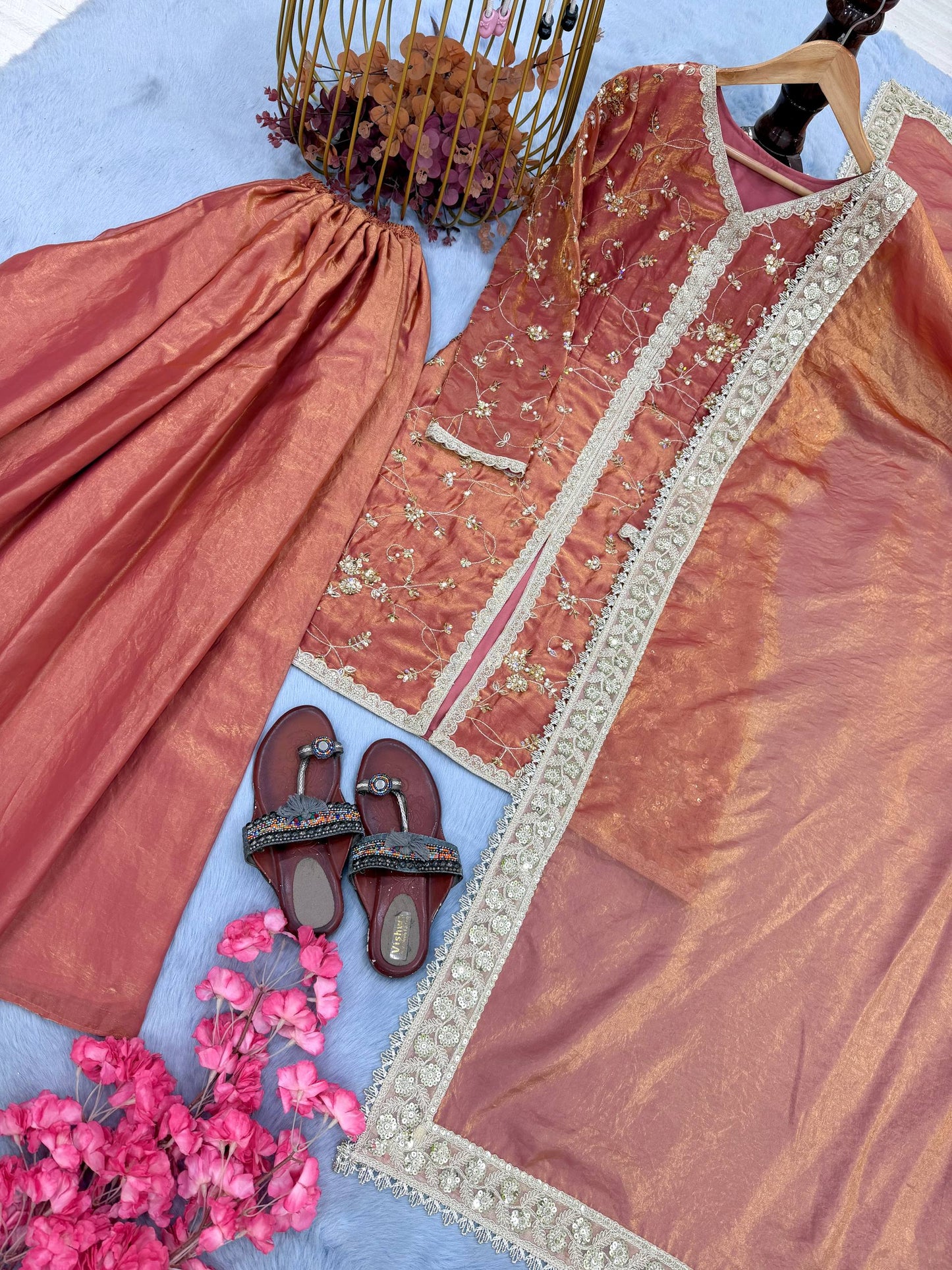 Dusty Peach Color Fendi Silk Embroidered Palazzo Suit Set
