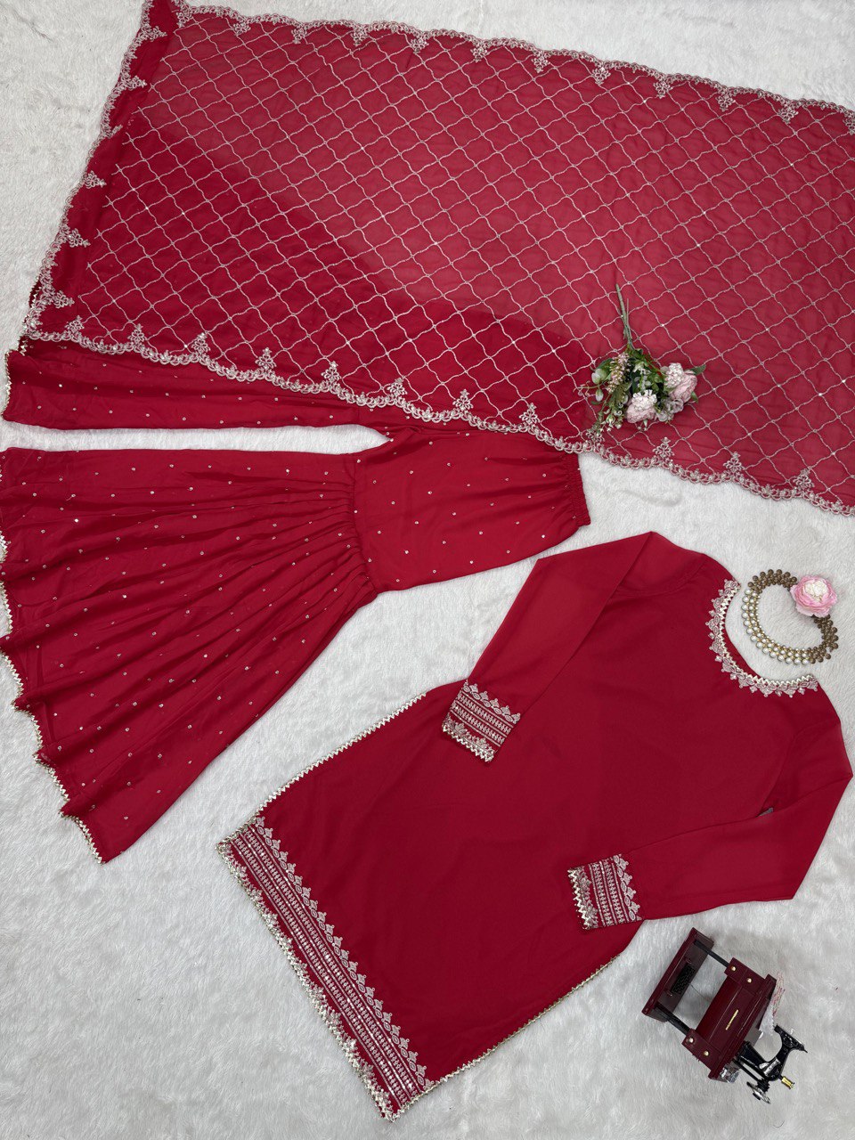 Wedding Wear Maroon Color Faux Georgette And Thread With Sequence Work Sharara Suit