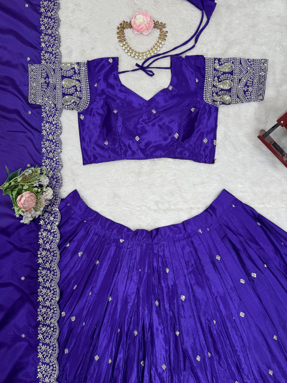 Wedding Wear Royal Blue Color Chinon Silk And Thread With Sequence Work Lehenga Choli