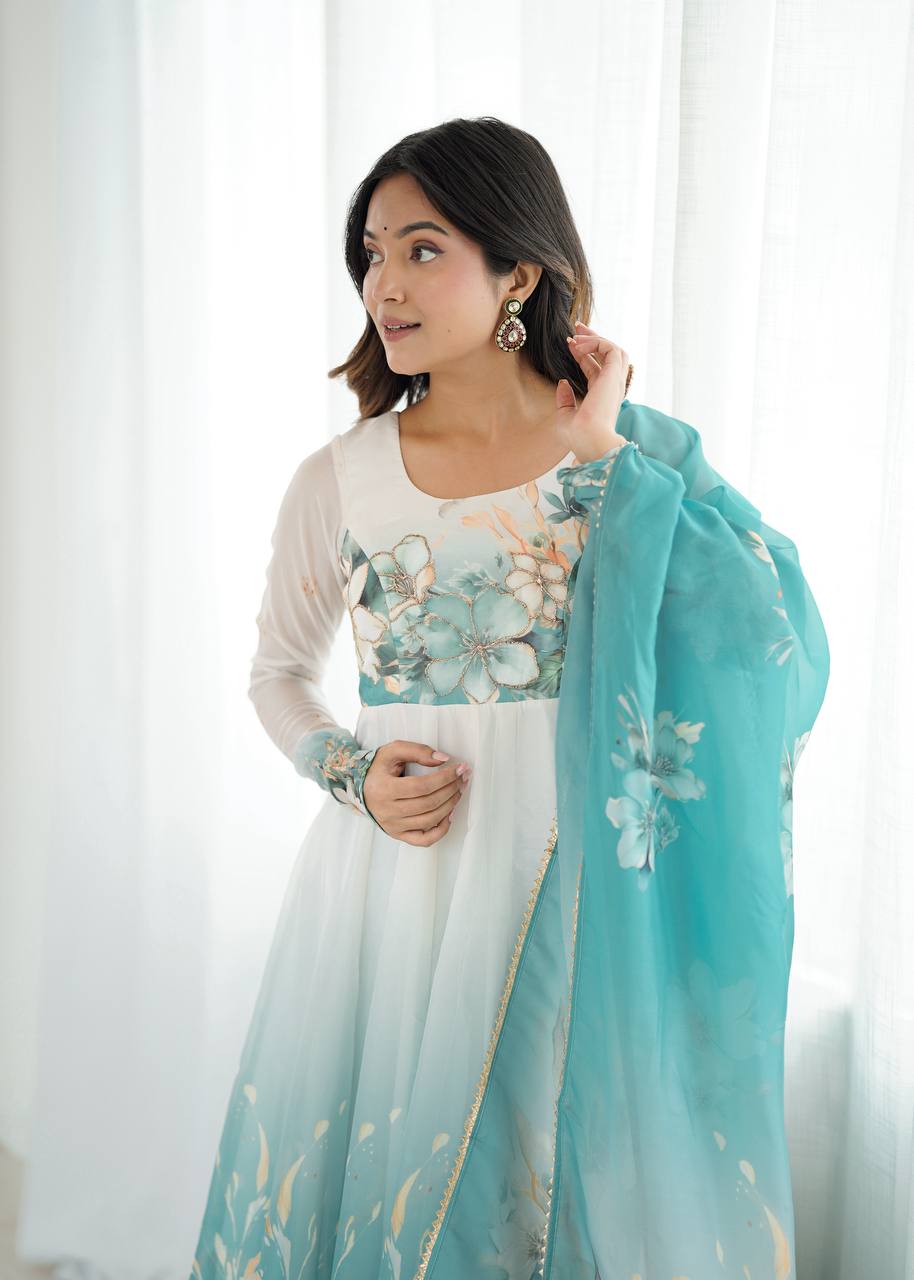 Gorgeous Sky Blue Color Printed Designer Anarkali Suit