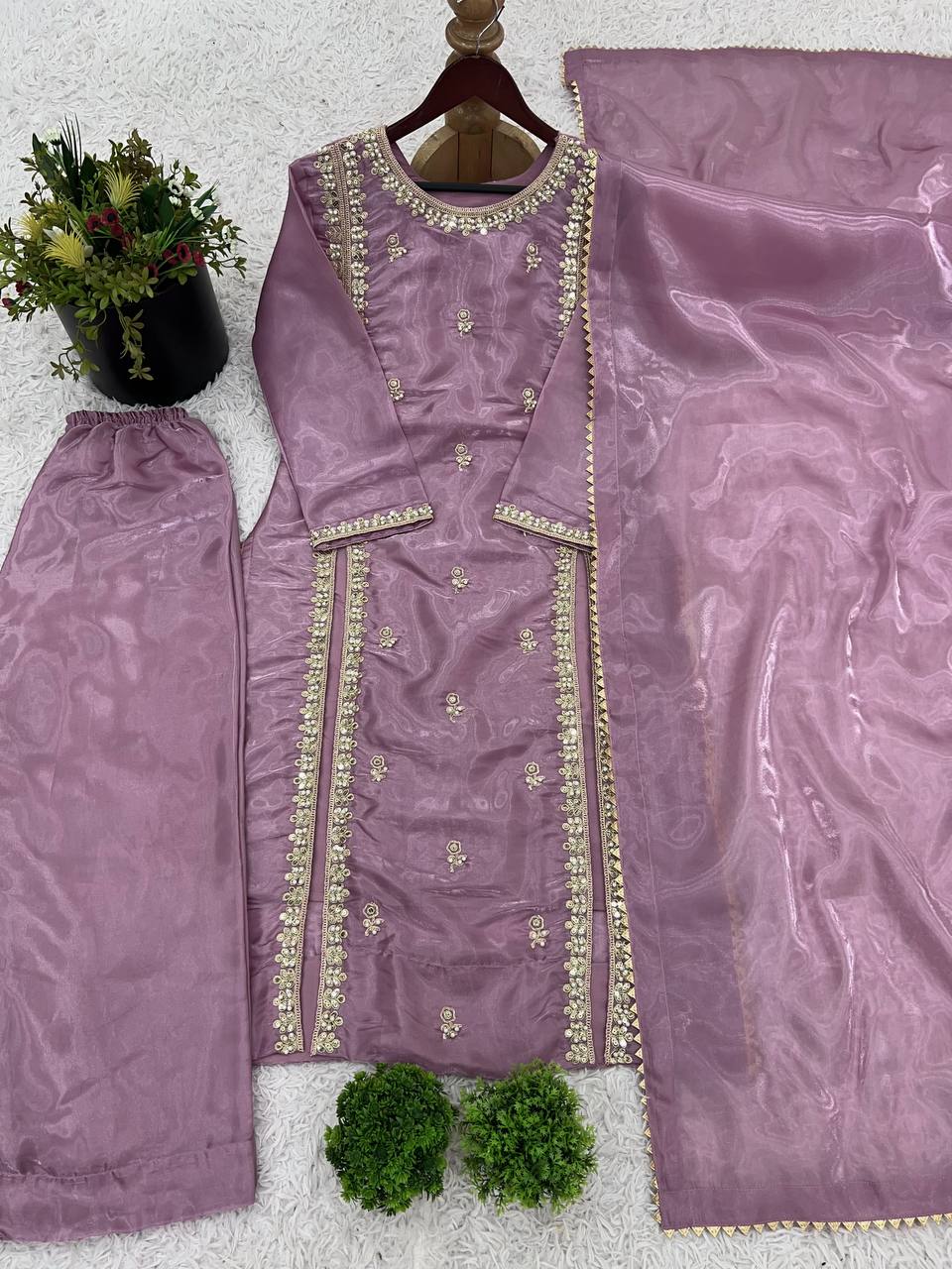 Trendy Lavender Color Pure Jimmy Choo With Embroidery Sequence Work Salwar Palazzo Suit