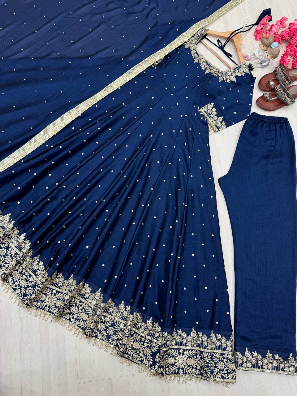 Stylist Royal Blue Color Heavy Pure Vichitra Silk With Embroidery 5mm Sequence Work Anarkali Gown