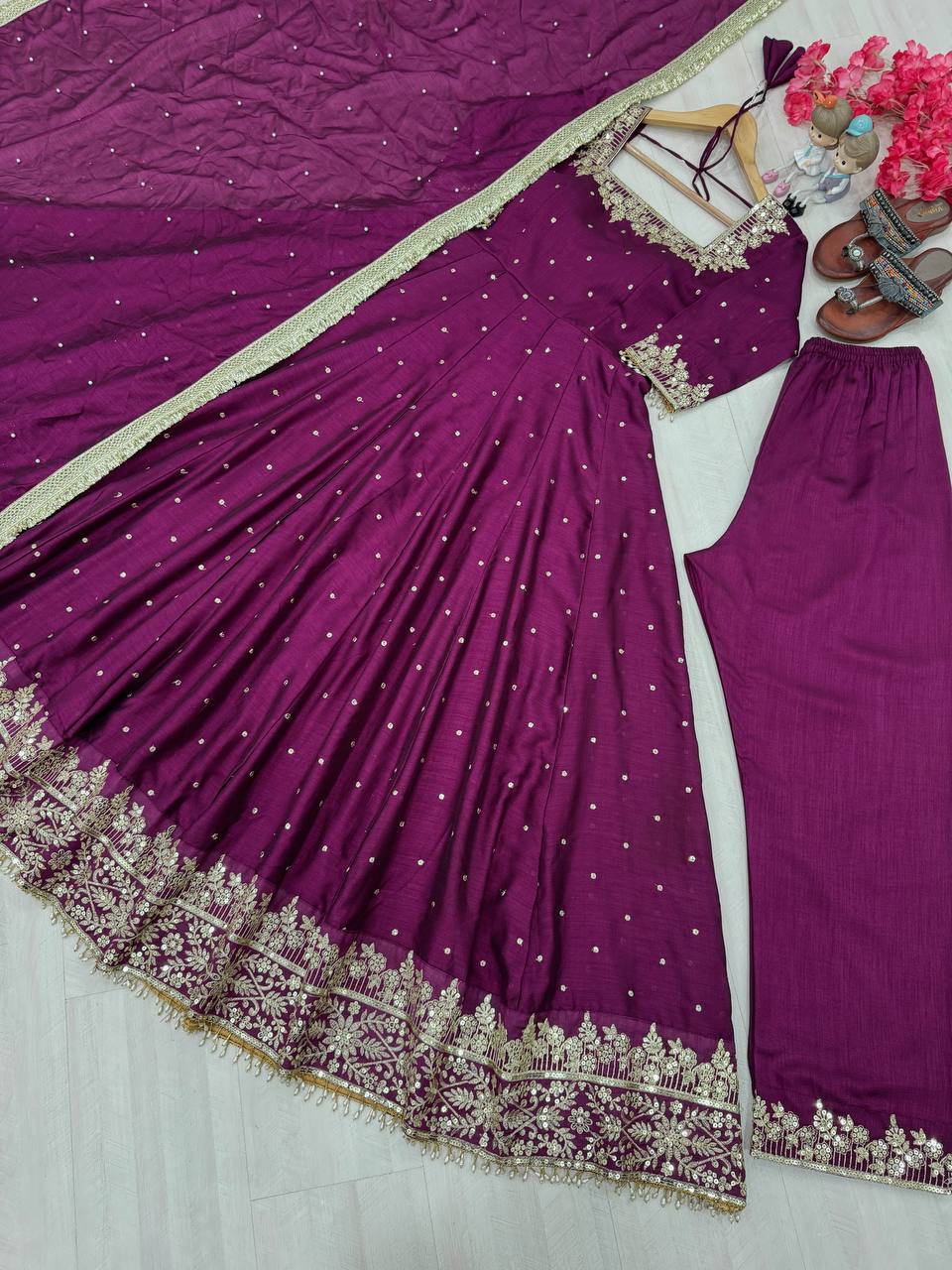 Stylist Purple Color Heavy Pure Vichitra Silk With Embroidery 5mm Sequence Work Anarkali Gown