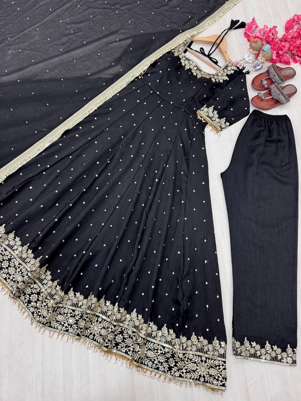 Stylist Black Color Heavy Pure Vichitra Silk With Embroidery 5mm Sequence Work Anarkali Gown