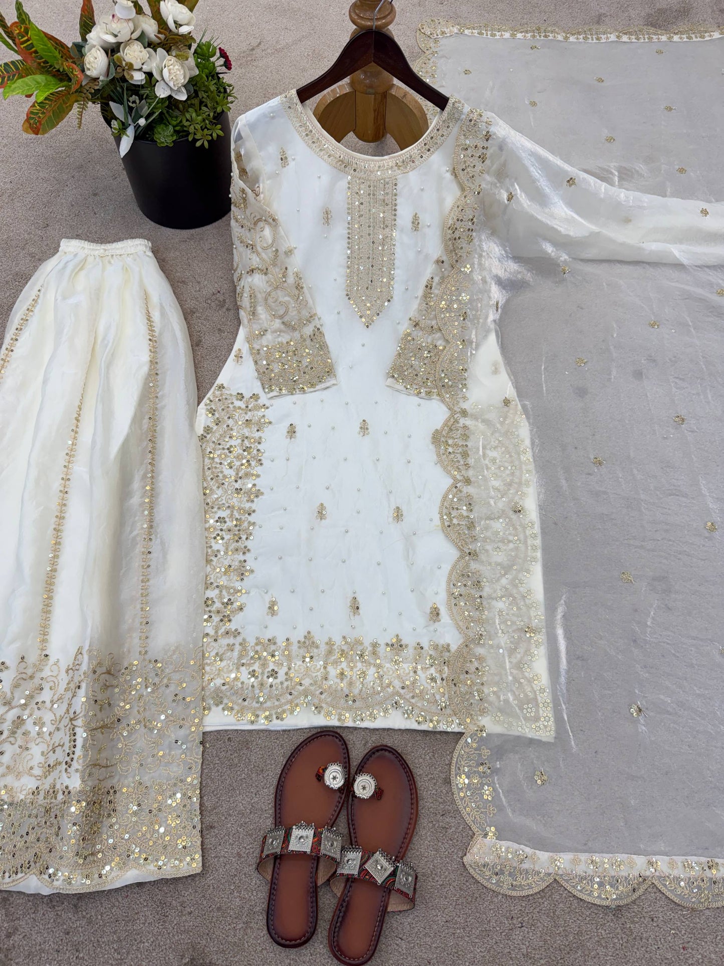 Arti Chauhan Wear Fendy Silk White Color Palazzo Suit Set