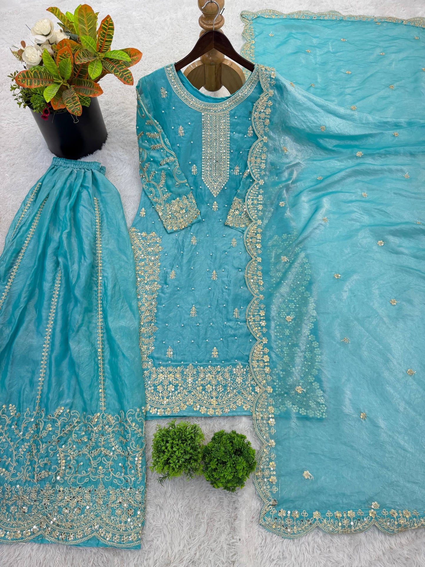 Arti Chauhan Wear Fendy Silk Sky Blue Color Palazzo Suit Set