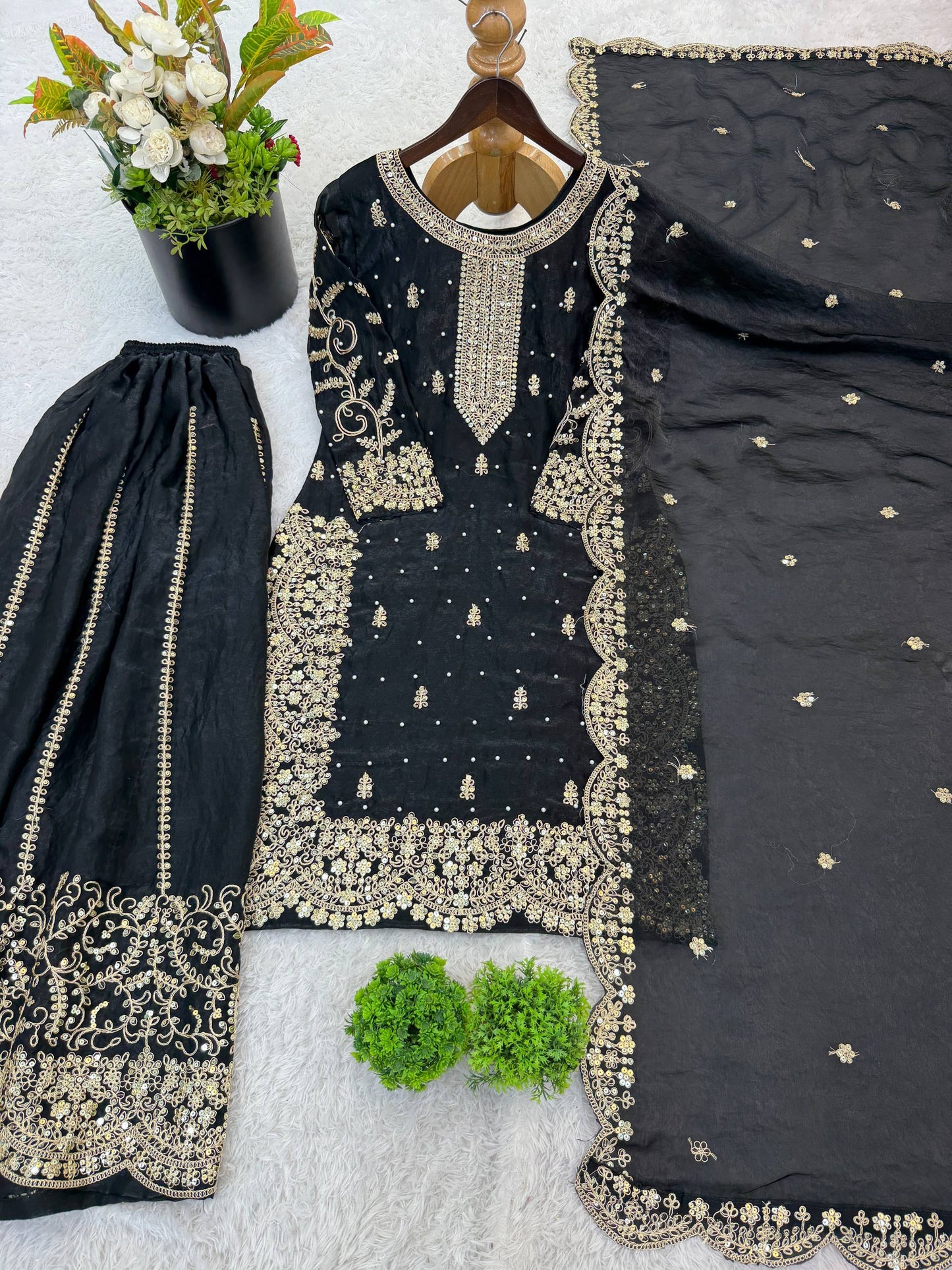 Arti Chauhan Wear Fendy Silk Black Color Palazzo Suit Set