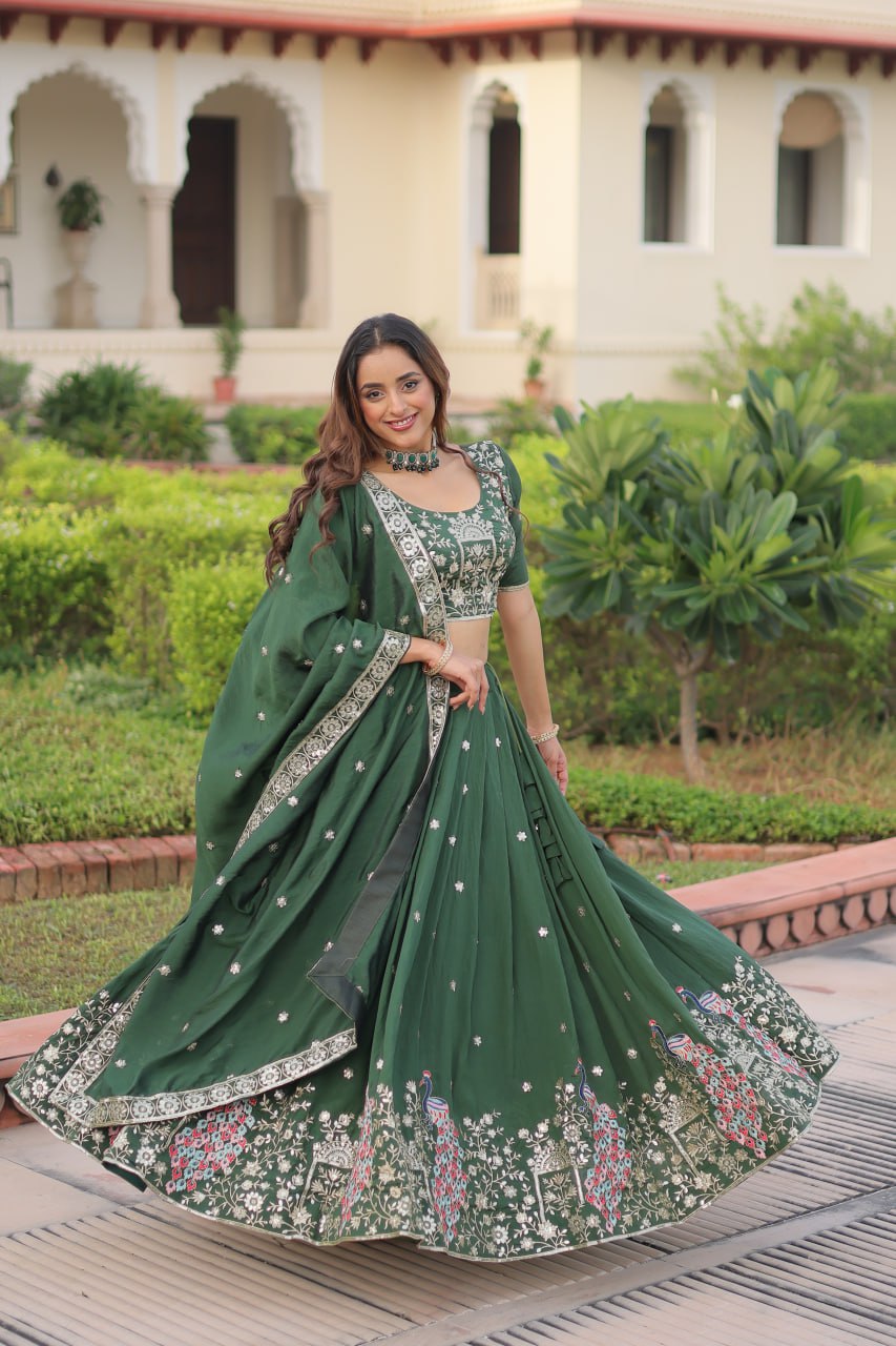 Designer Green Color Embroidered Sequence Lehenga Choli Set