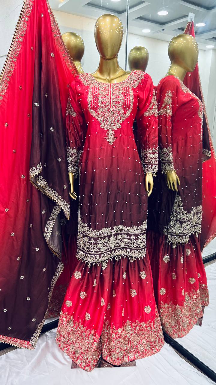 Wedding Wear Red And Wine Color Pure Chinon Silk With Heavy Embroidery Coding Dori Sequence Work Palazzo Sharara Suit