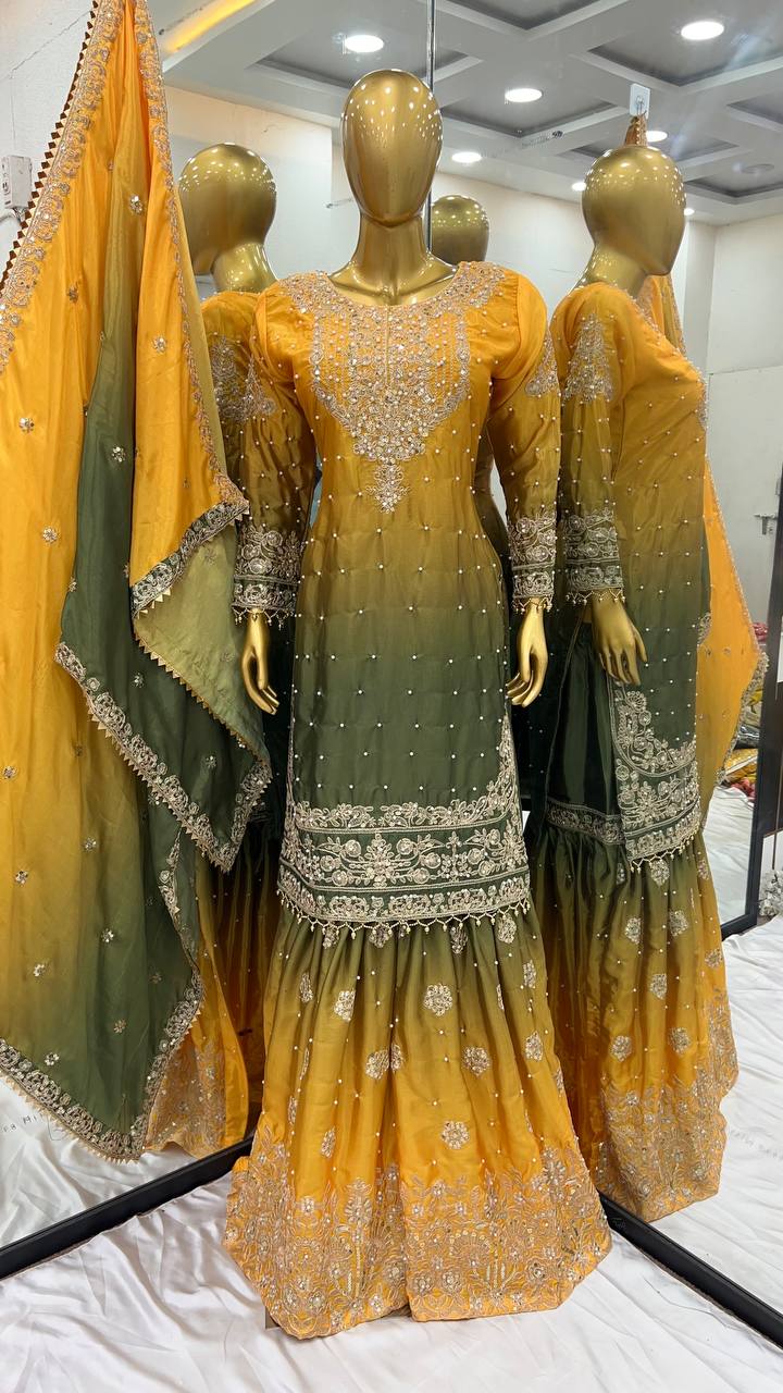Wedding Wear Yellow And Green Color Pure Chinon Silk With Heavy Embroidery Coding Dori Sequence Work Palazzo Sharara Suit