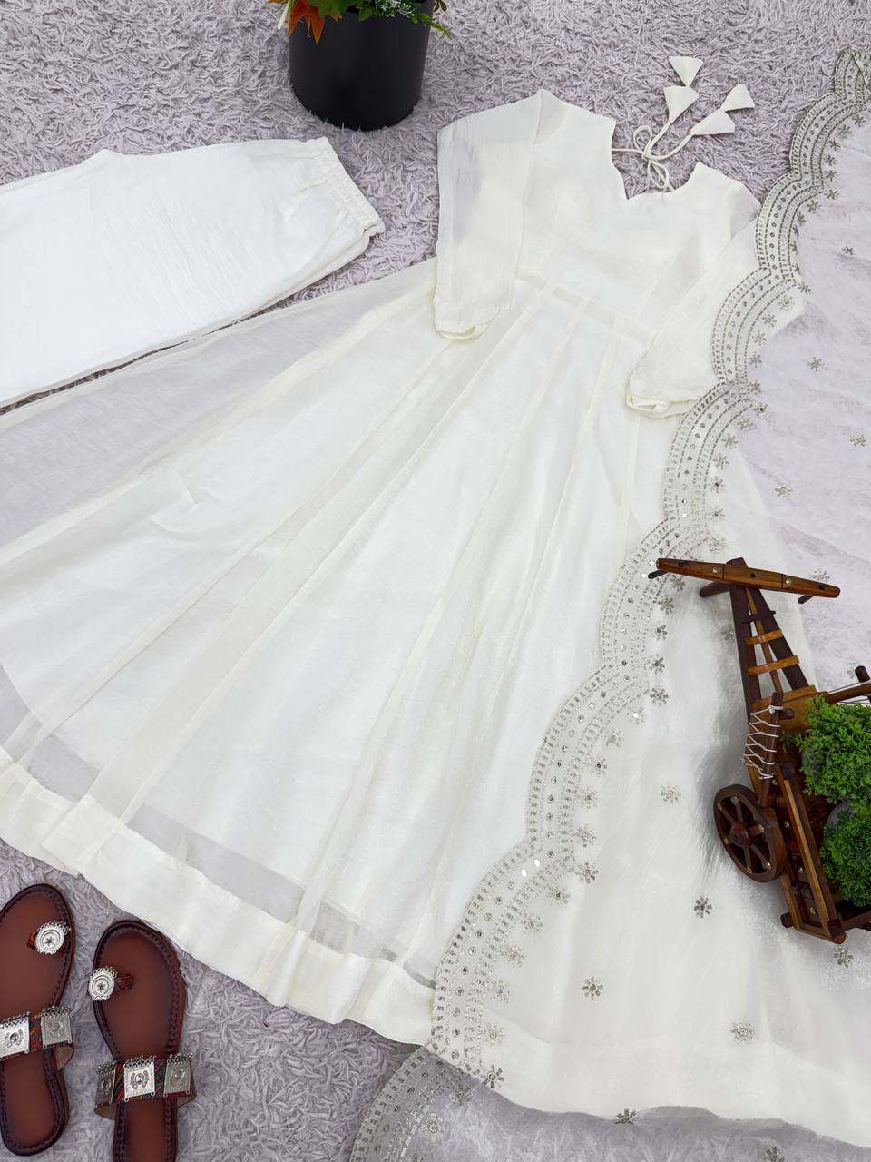 Designer Off White Color Heavy Fandy Silk Function Wear Gown