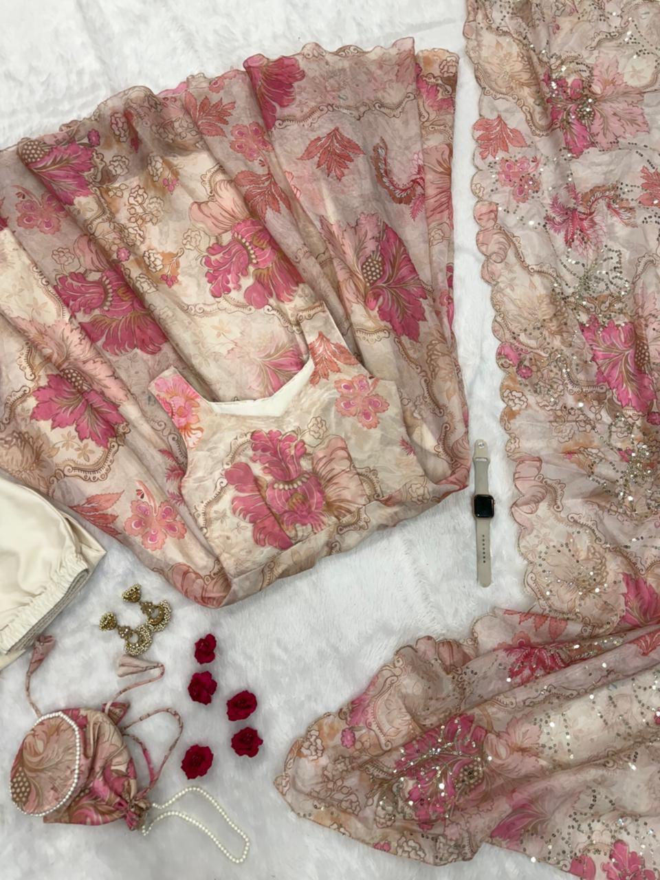 Cream Organza Floral Printed Festive Wear Anarkali Suit Set