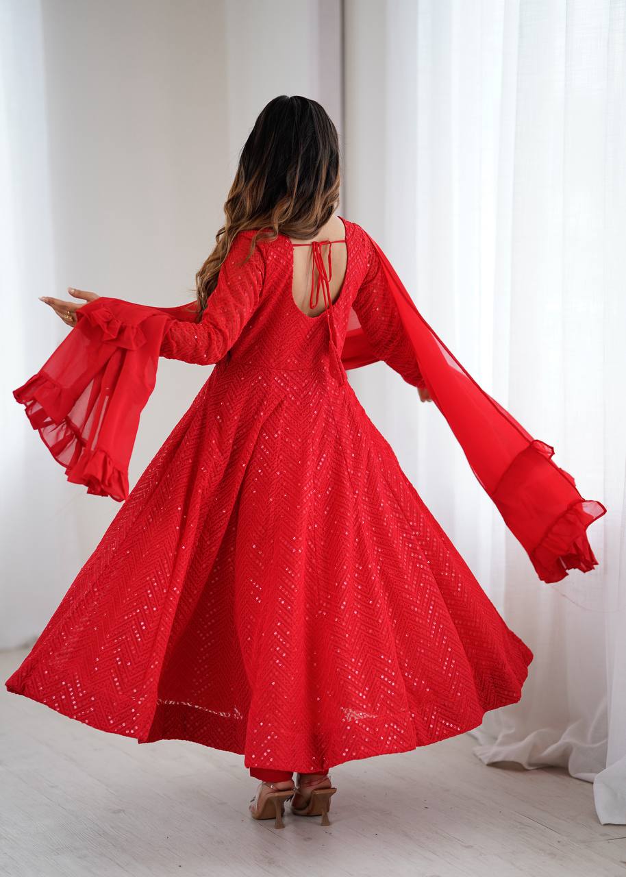 Gorgeous Red Color Sequins Work Designer Anarkali Suit