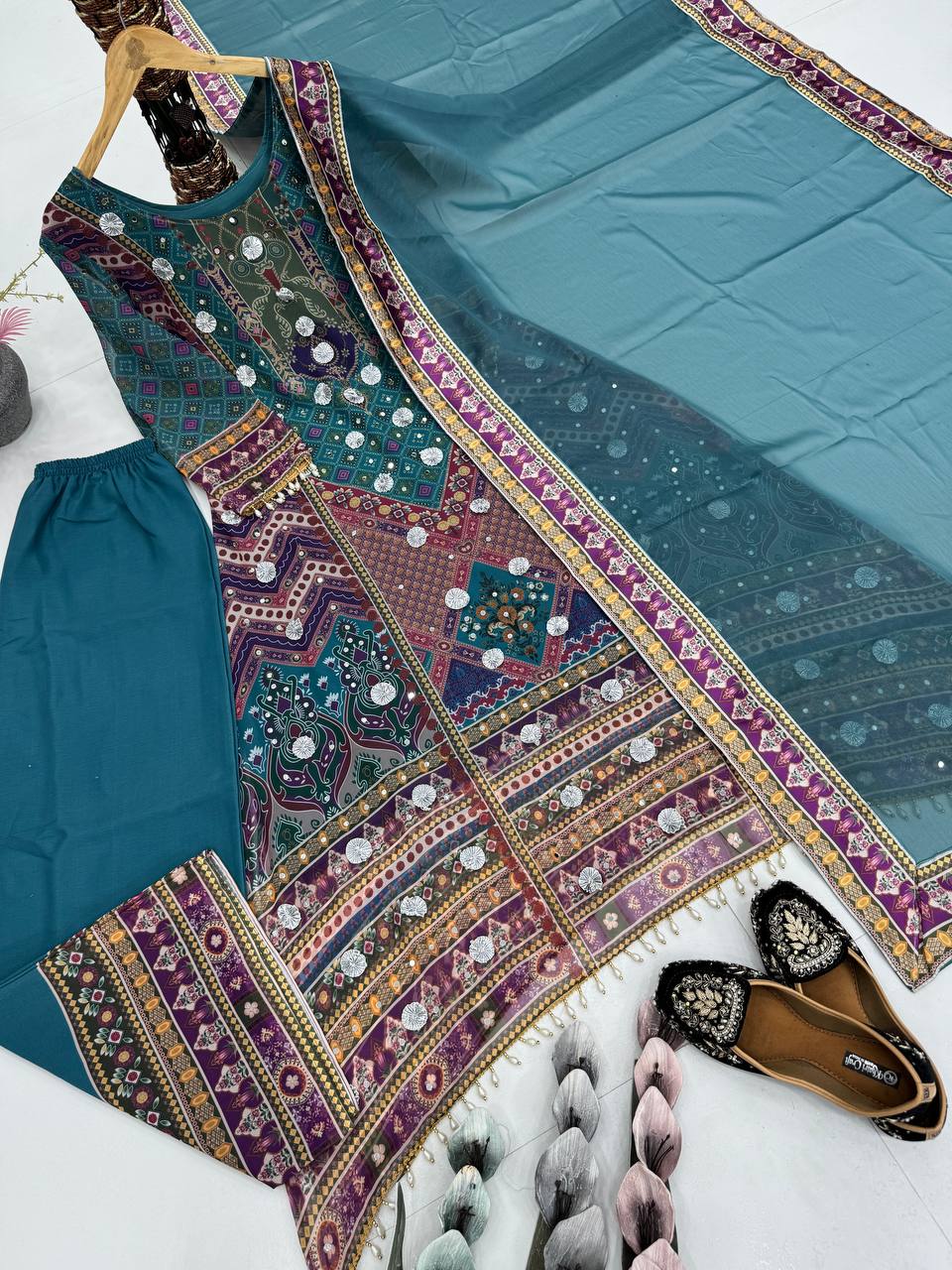 Blissful Teal Color Heavy Faux Georgette Digital Print With Real Mirror Work Palazzo Suit
