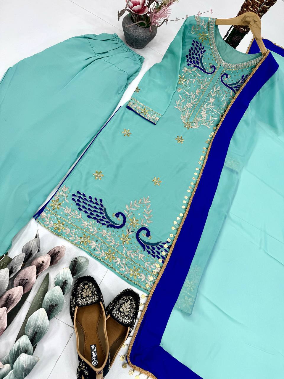 Festive Wear Light Green Color Embroidered Palazzo Suit Set