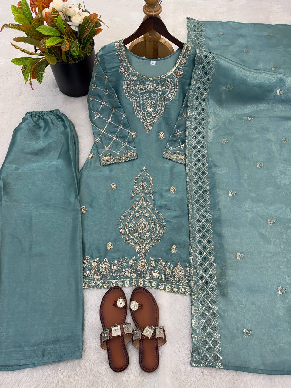 Party Wear Aqua Green Color Embroidery Beads Work Sharara Suit Set