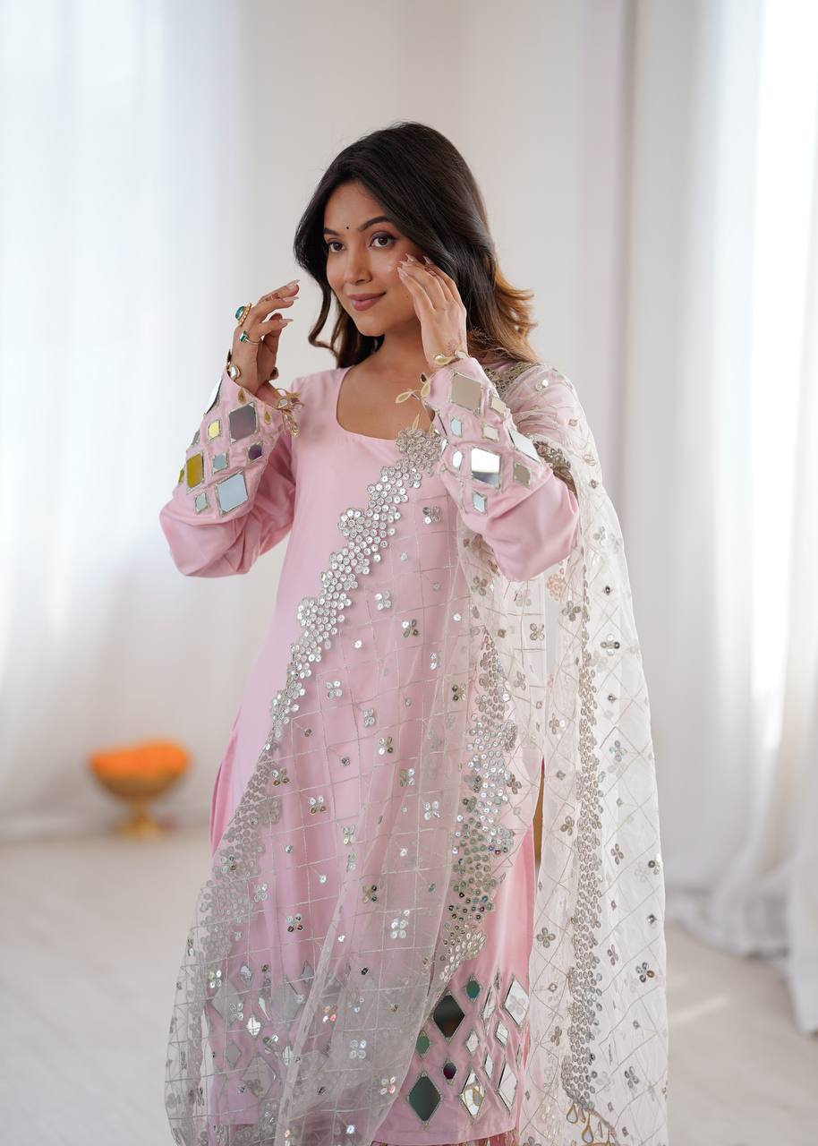 Arti Chauhan Wear Peach Color French Crepe Mirror Work Sharara Suit