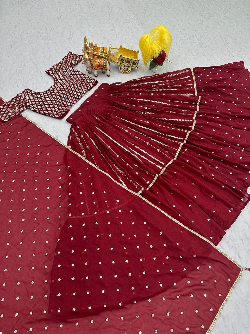 Wedding Wear Maroon Color Pure Star Georgette Embroidery Sequence Work Lehenga Choli
