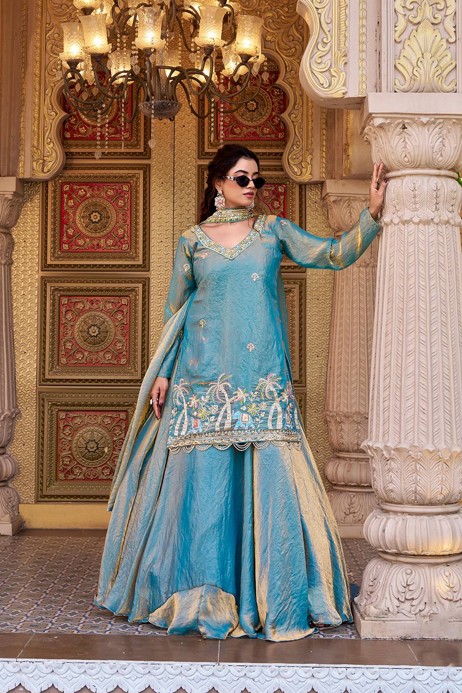 Wonderful Sky Blue Color Pure Fendy Heavy Embroidery Top With Lehenga