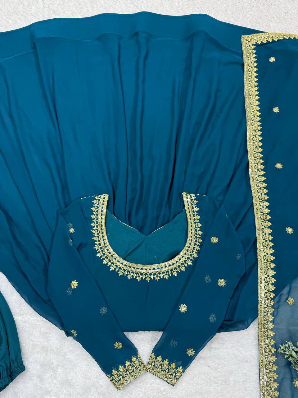 Designer Teal Blue Color Faux Georgette Anarkali Gown Suit Set