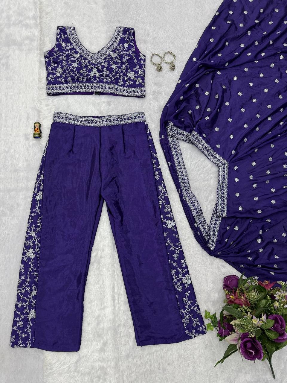 Party Wear Blue Color Chinon With Embroidery Work 3 Piece Indo-Western Set