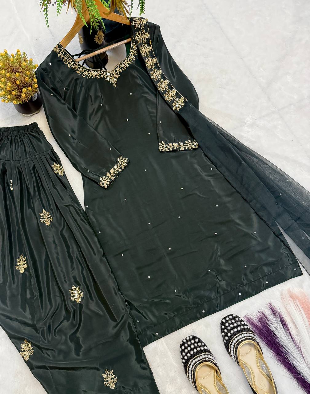 Peacful Green Color Sequence Embroidered Plazzo Suit With Dupatta
