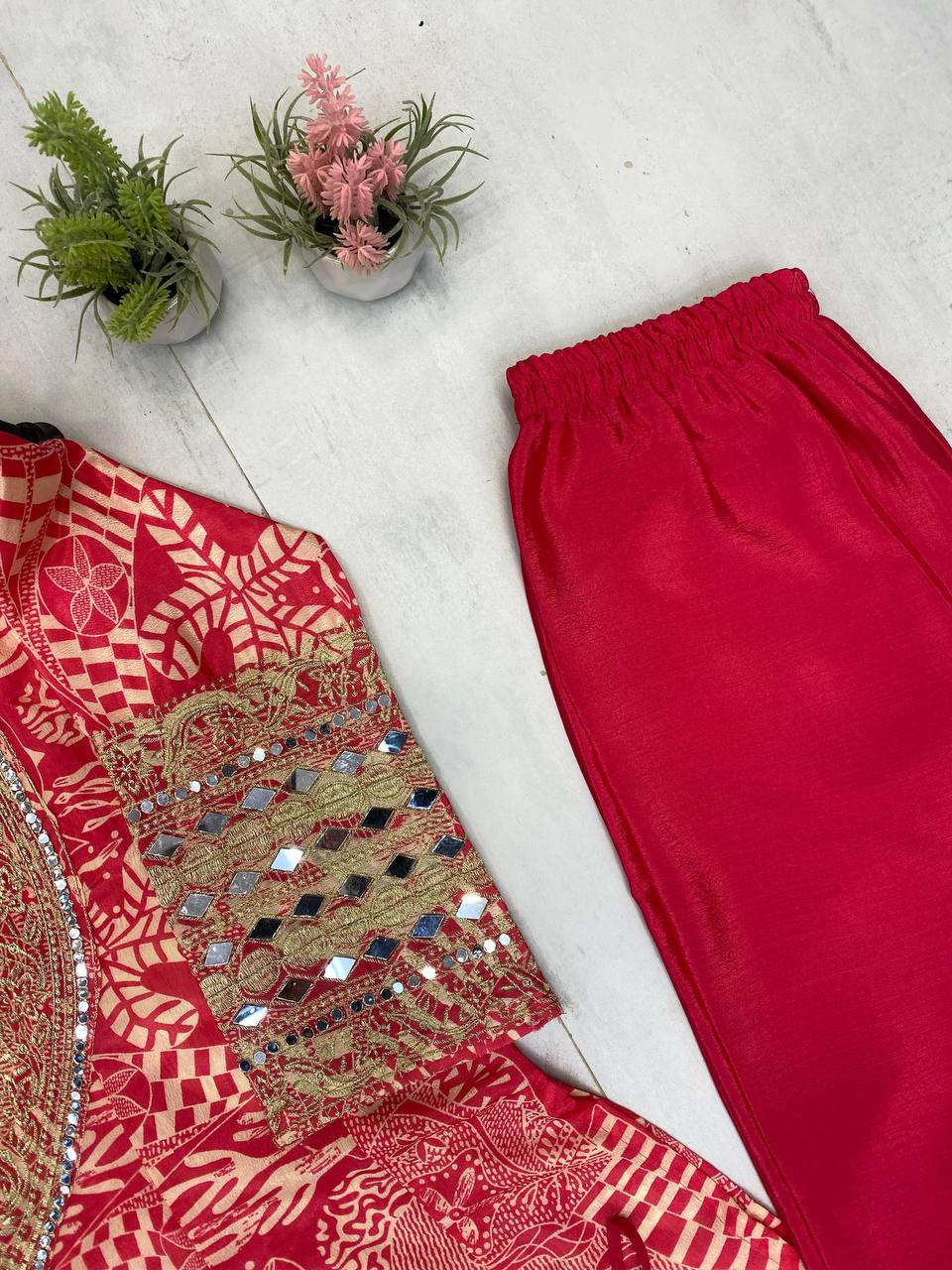 Trendy Red Color Printed Chinon With Embroidered And Real Mirror Work Salwar Suit