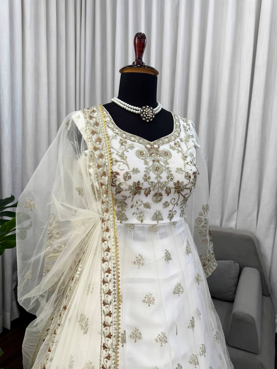 Party Wear Off White Color Designer Gown With Lehenga Set