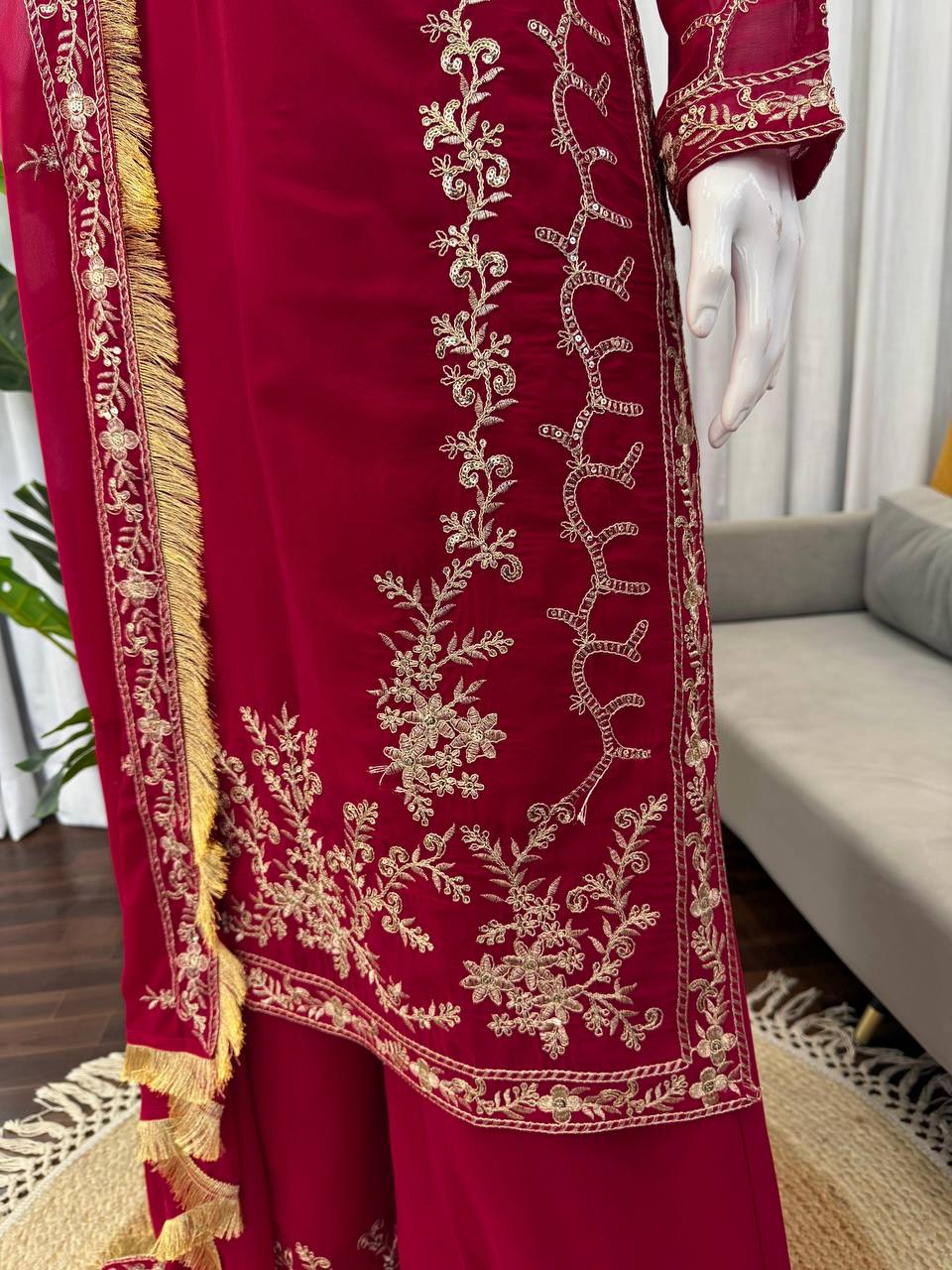 Wedding Wear Maroon Color Long Kurta Palazzo Suit Set