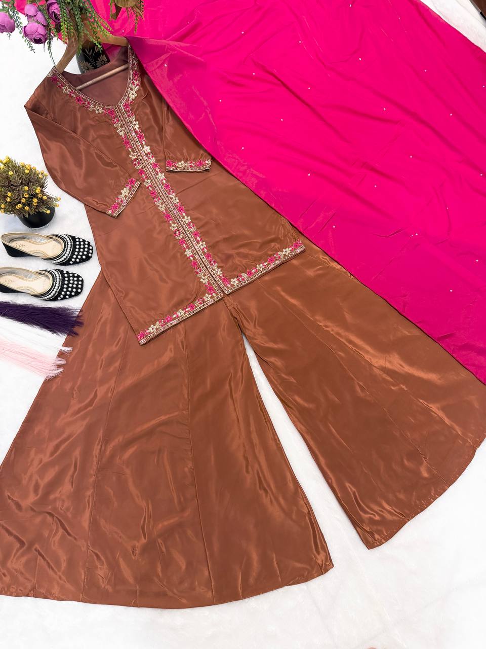 Eye Catching Brown Color Sequence Embroidered Plazzo Suit With Dupatta