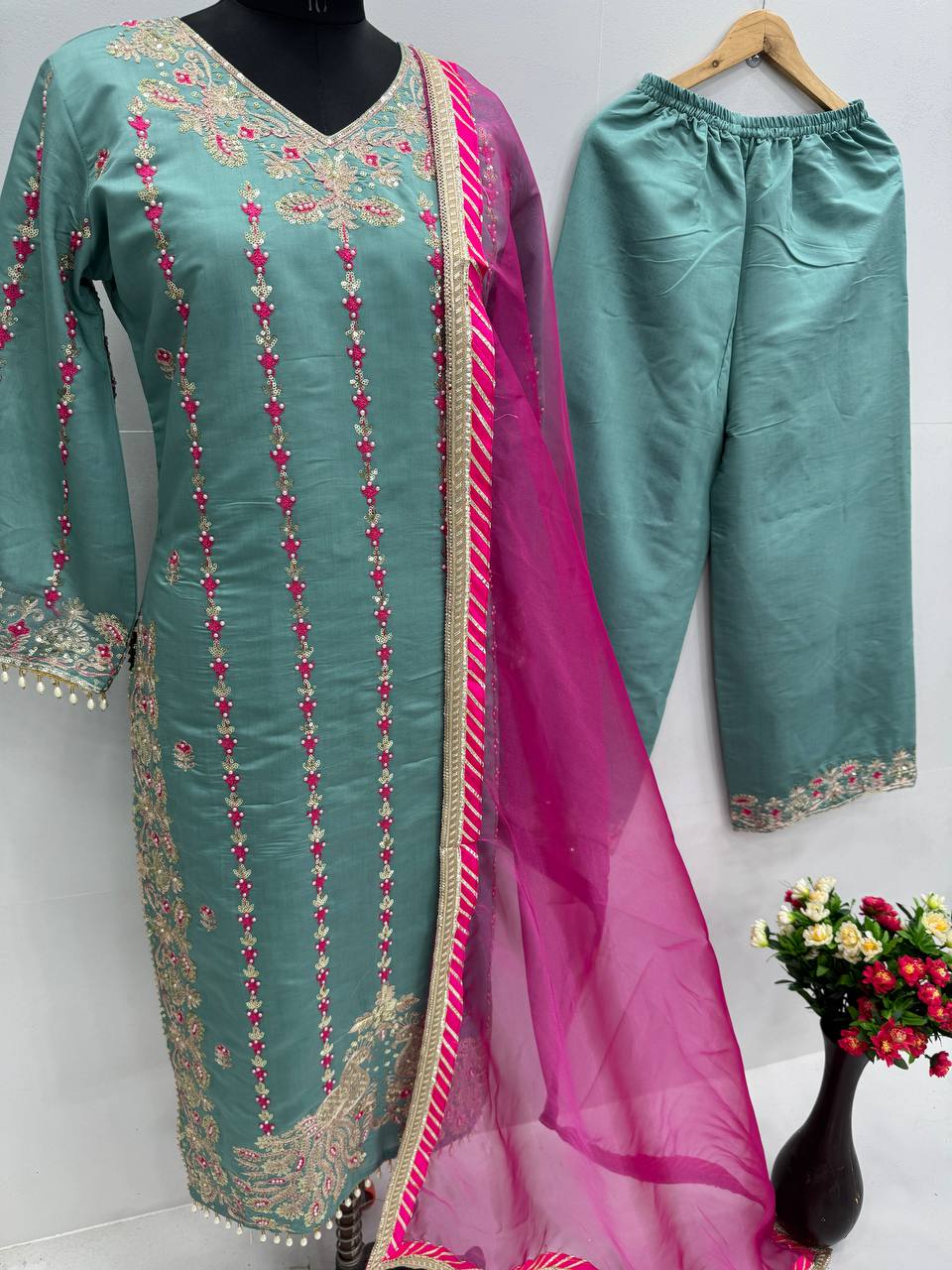 Elegant Sky Green Color Heavy Chine Stitch Work With Full Heavy Fancy Hand Work Palazoo Suit
