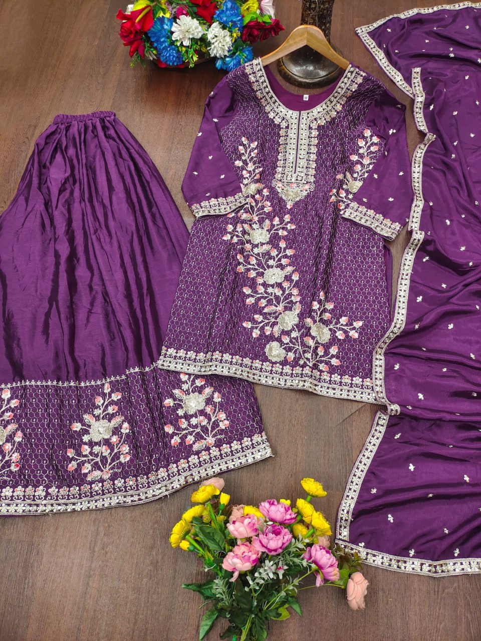 Classical Purple Color Sequence Embroidered Sharara Suit